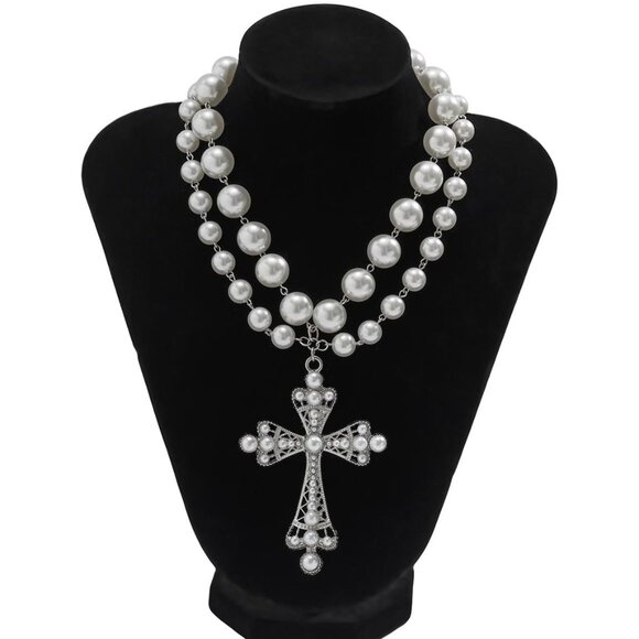 Punk Layered Cross Pendant Necklace with Faux Pearls - Chic Gothic Accessory - Picture 6 of 6